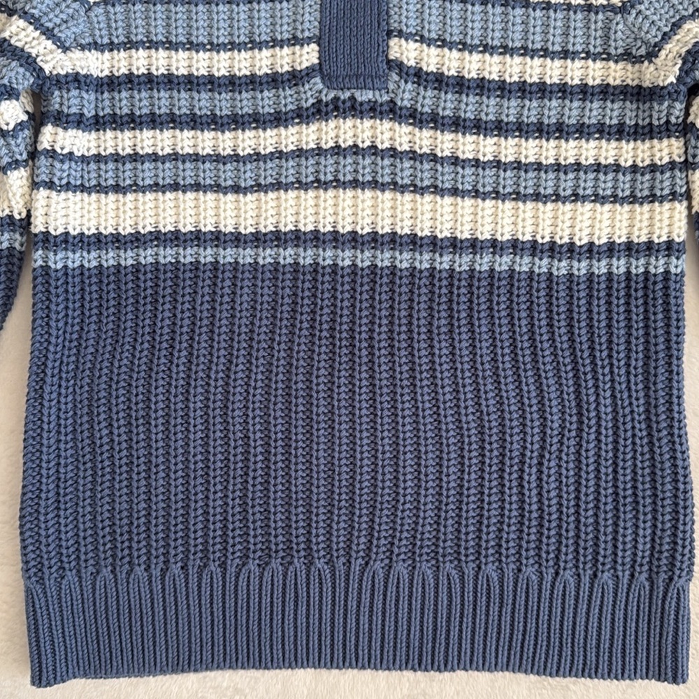 L.L. Bean | 1/4 Snap Chunky Knit Striped Heavy Cotton Sweater Blue/White (S 6-8) - Picture 3 of 15